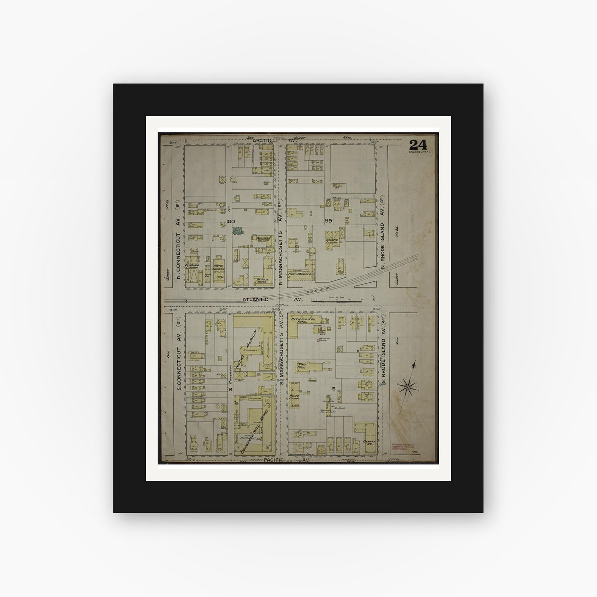 Old map wall art mockup — black gallery frame with white mat — Sanborn Fire Insurance Map from Atlantic City, Atlantic County, New Jersey (1886), Sheet #0024