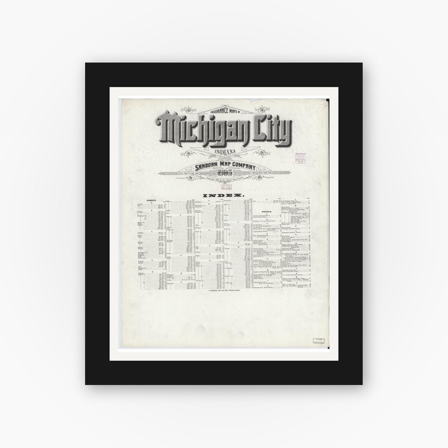 Old map wall art mockup — black gallery frame with white mat — Sanborn Fire Insurance Map from Michigan City, La Porte County, Indiana (1905), Sheet #0001