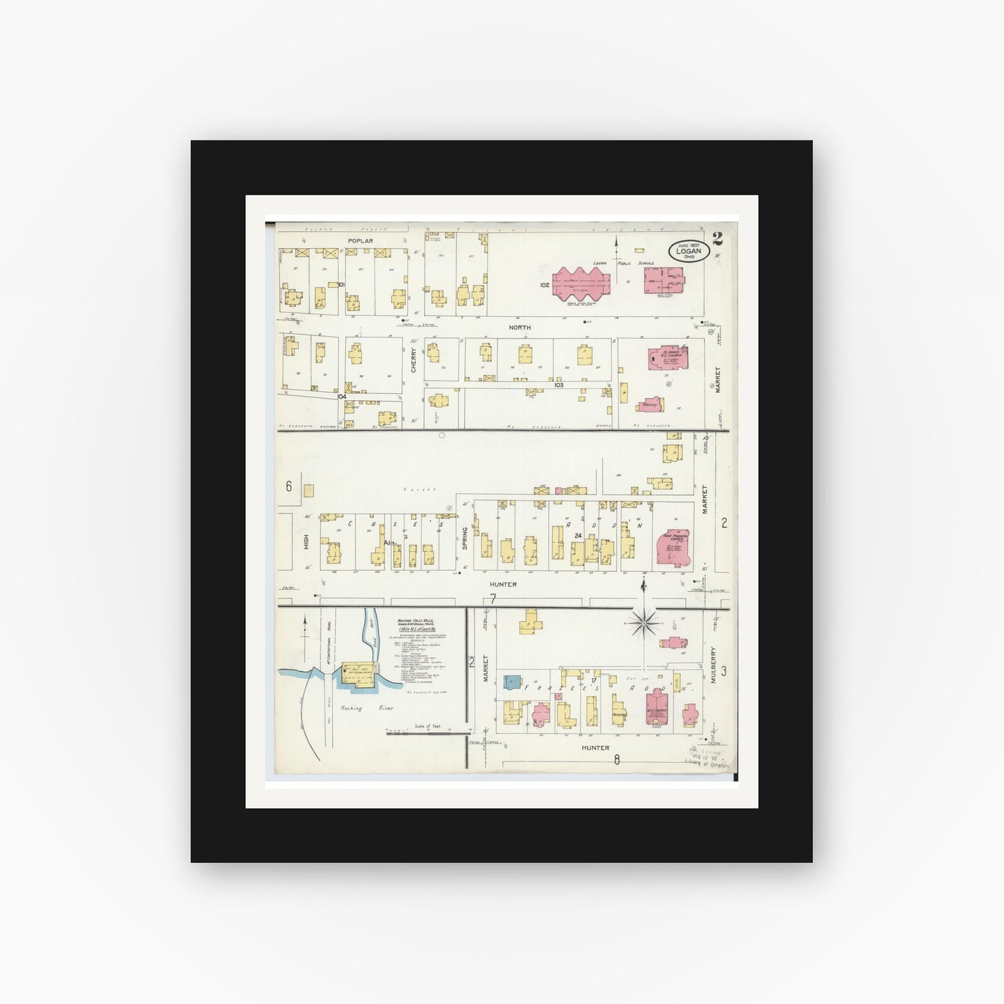 Old map wall art mockup — black gallery frame with white mat — Sanborn Fire Insurance Map from Logan, Hocking County, Ohio (1907), Sheet #0002