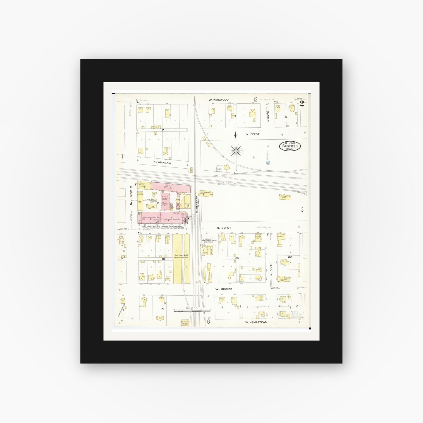Old map wall art mockup — black gallery frame with white mat — Sanborn Fire Insurance Map from Fairfield, Jefferson County, Iowa (1907), Sheet #0002