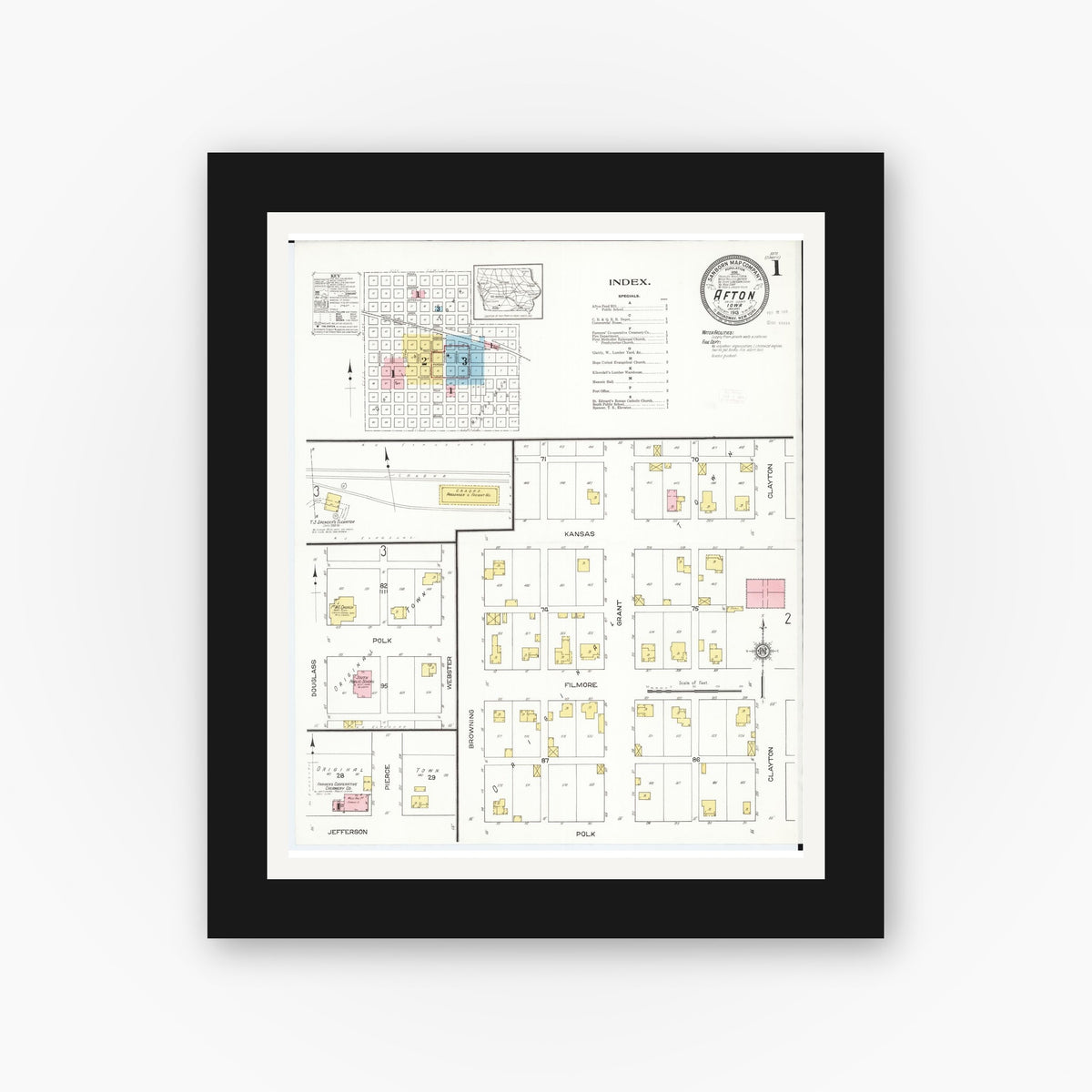 Old map wall art mockup — black gallery frame with white mat — Sanborn Fire Insurance Map from Afton, Union County, Iowa (1913), Sheet #0001