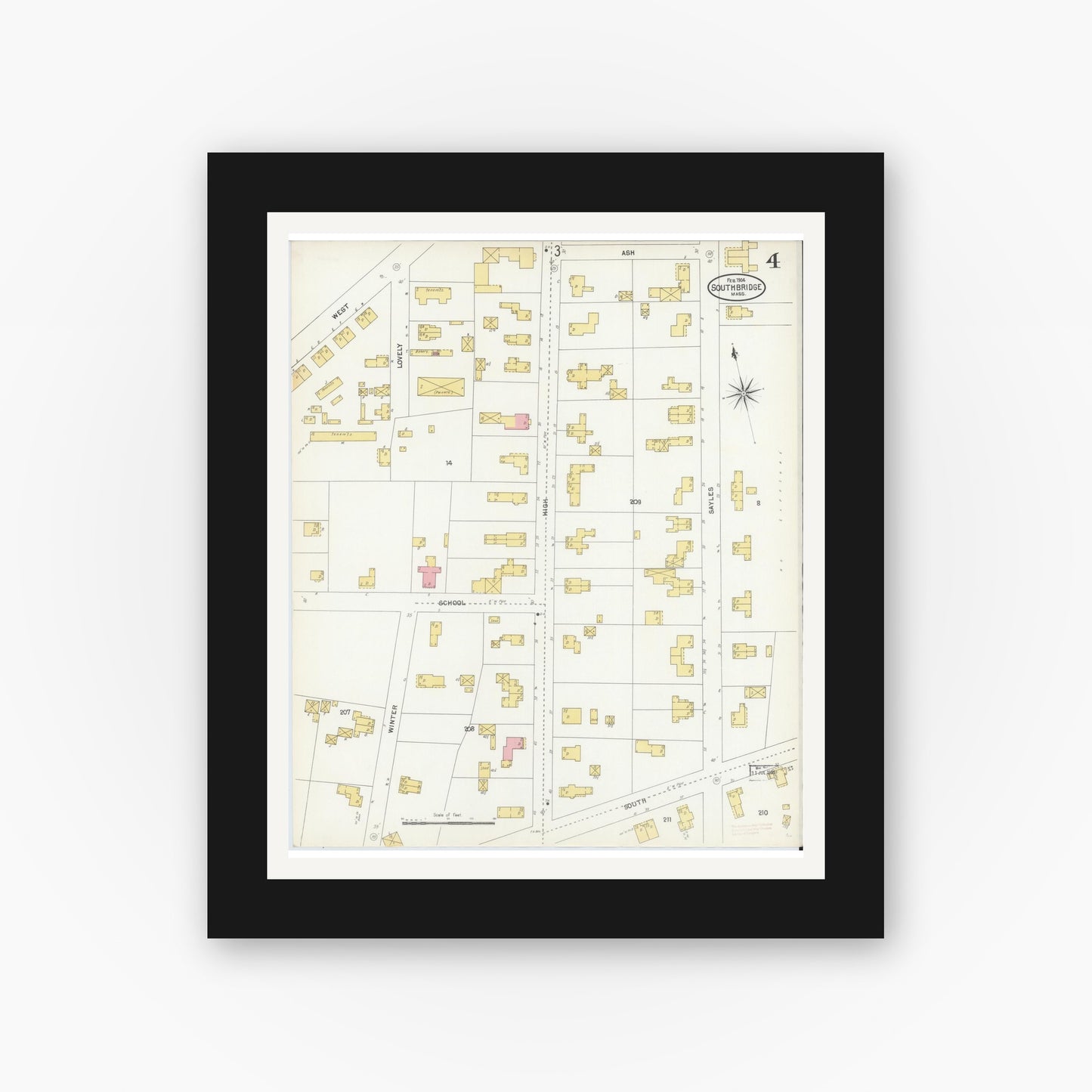 Old map wall art mockup — black gallery frame with white mat — Sanborn Fire Insurance Map from Southbridge, Worcester County, Massachusetts (1904), Sheet #0004