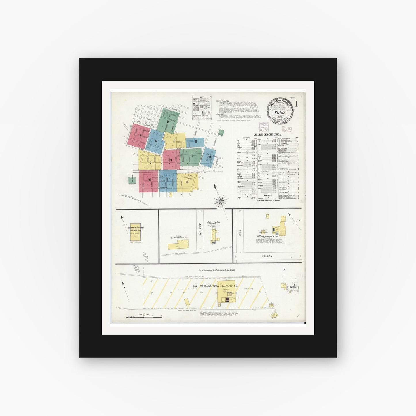 Old map wall art mockup — black gallery frame with white mat — Sanborn Fire Insurance Map from Bowie, Montague County, Texas (1908), Sheet #0001