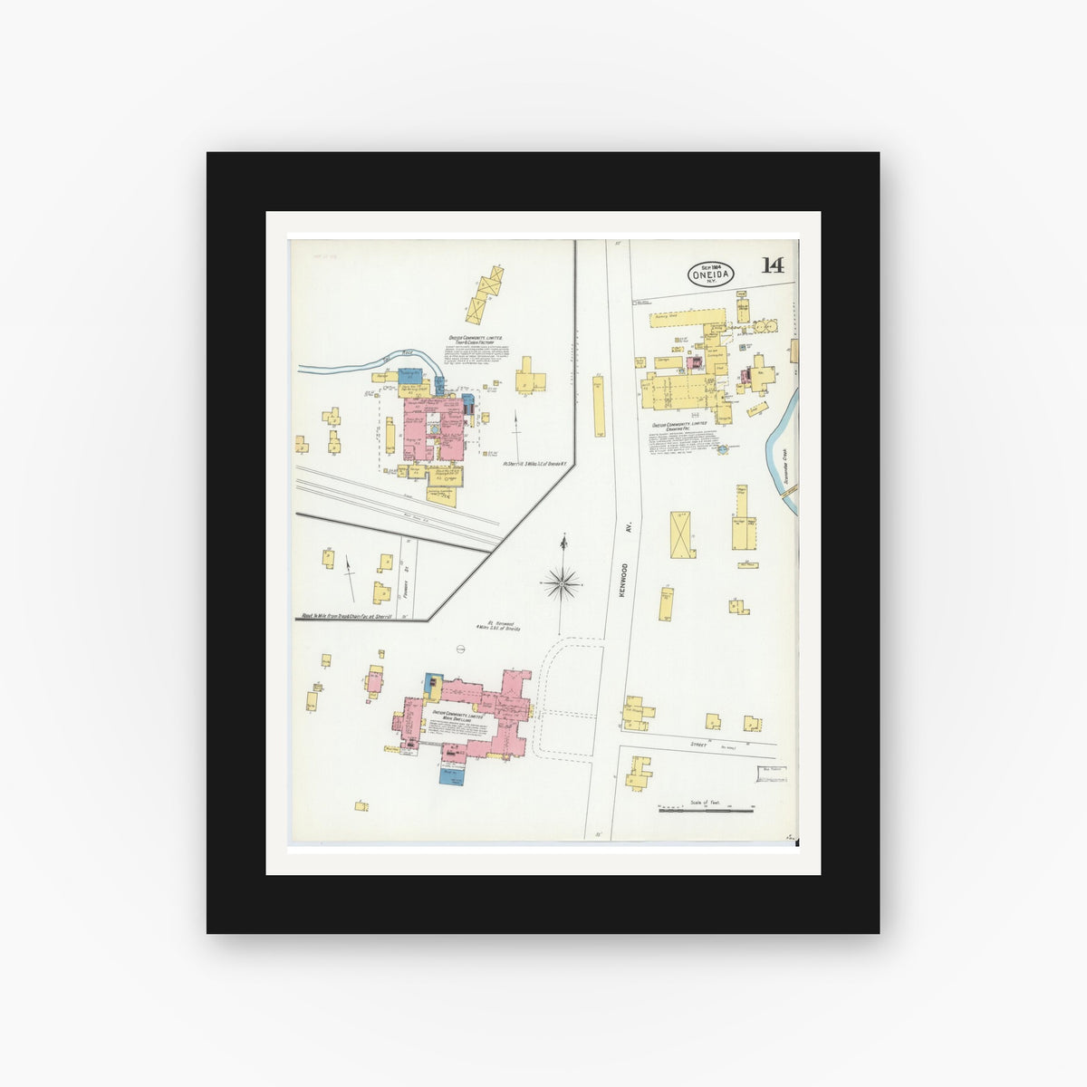 Old map wall art mockup — black gallery frame with white mat — Sanborn Fire Insurance Map from Oneida, Madison County, New York (1904), Sheet #0013