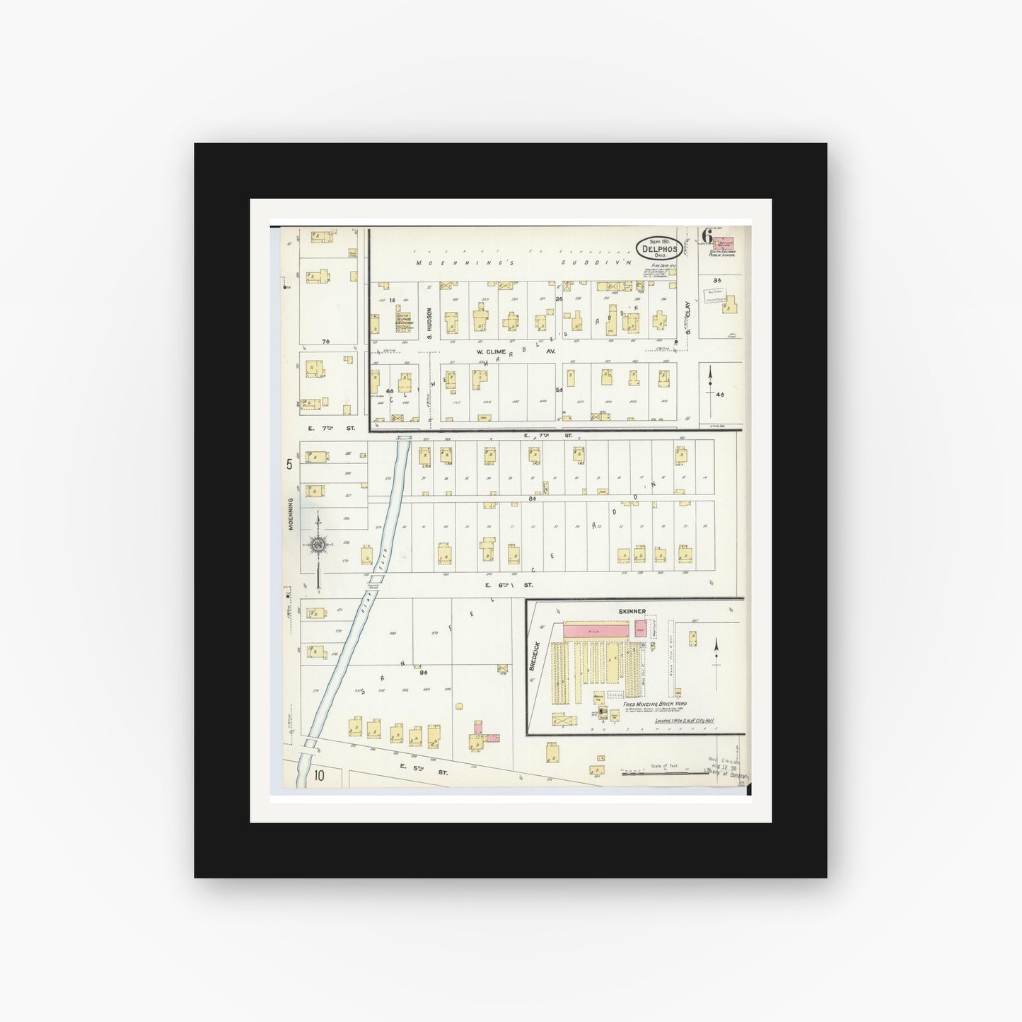 Old map wall art mockup — black gallery frame with white mat — Sanborn Fire Insurance Map from Delphos, Van Wert And Allen Counties, Ohio (1911), Sheet #0006