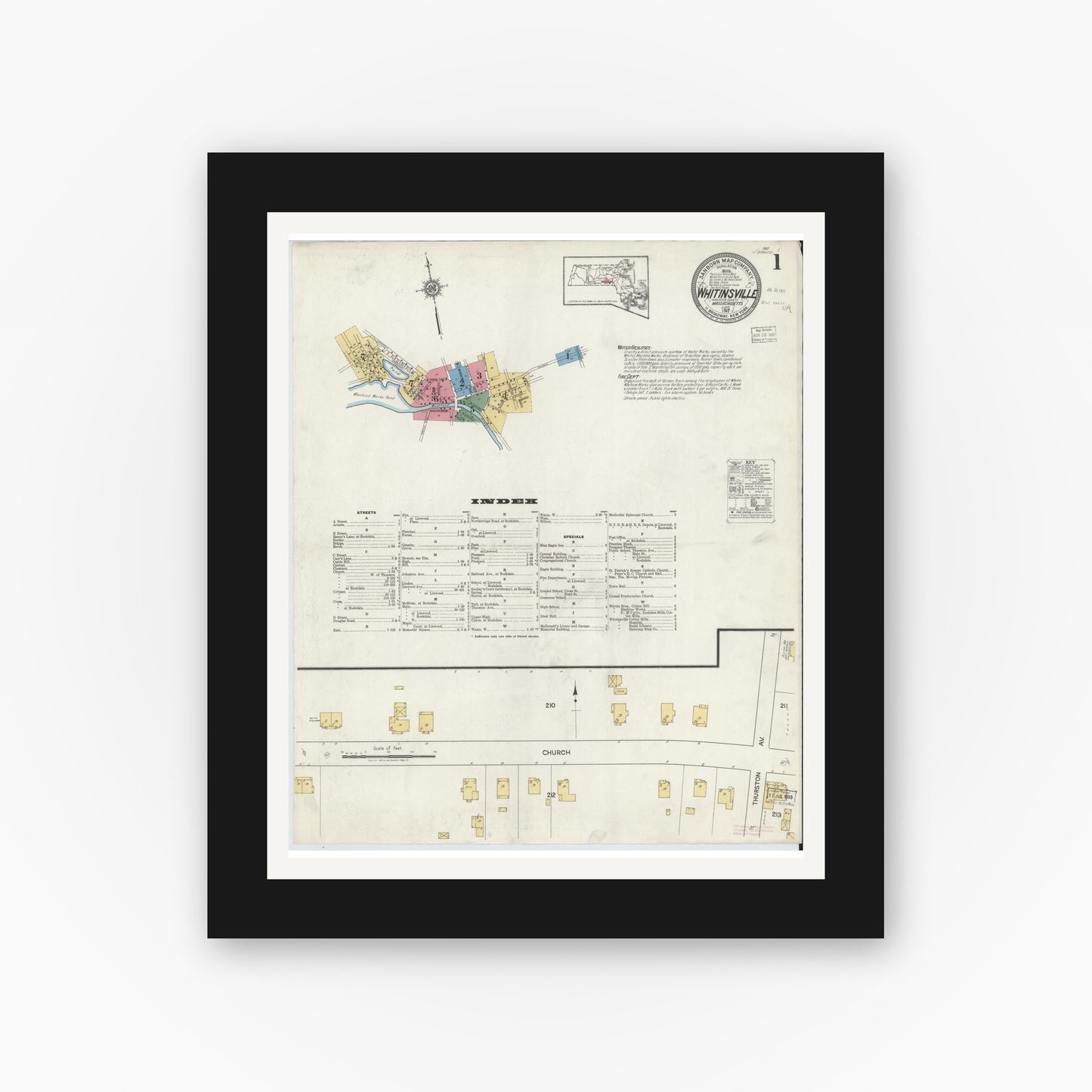 Old map wall art mockup — black gallery frame with white mat — Sanborn Fire Insurance Map from Whitinsville, Worcester County, Massachusetts (1917), Sheet #0001