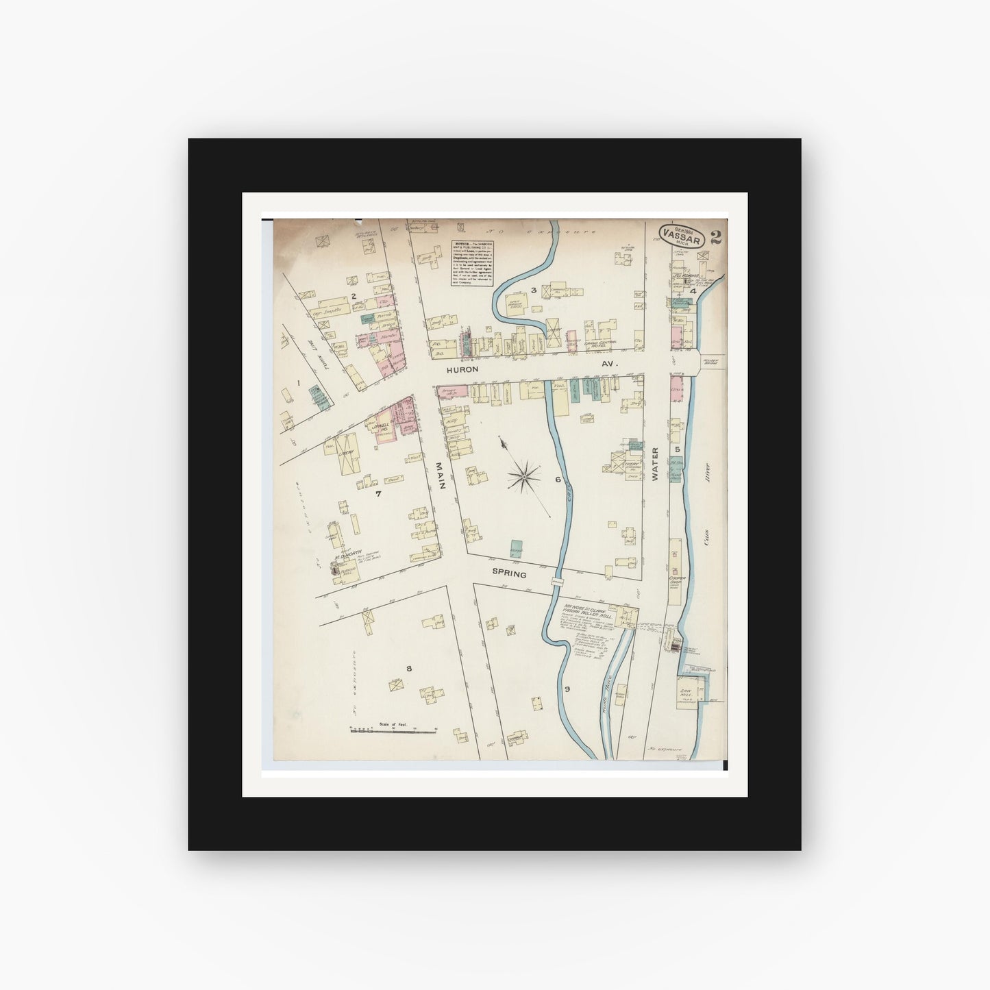 Old map wall art mockup — black gallery frame with white mat — Sanborn Fire Insurance Map from Vassar, Tuscola County, Michigan (1884), Sheet #0002