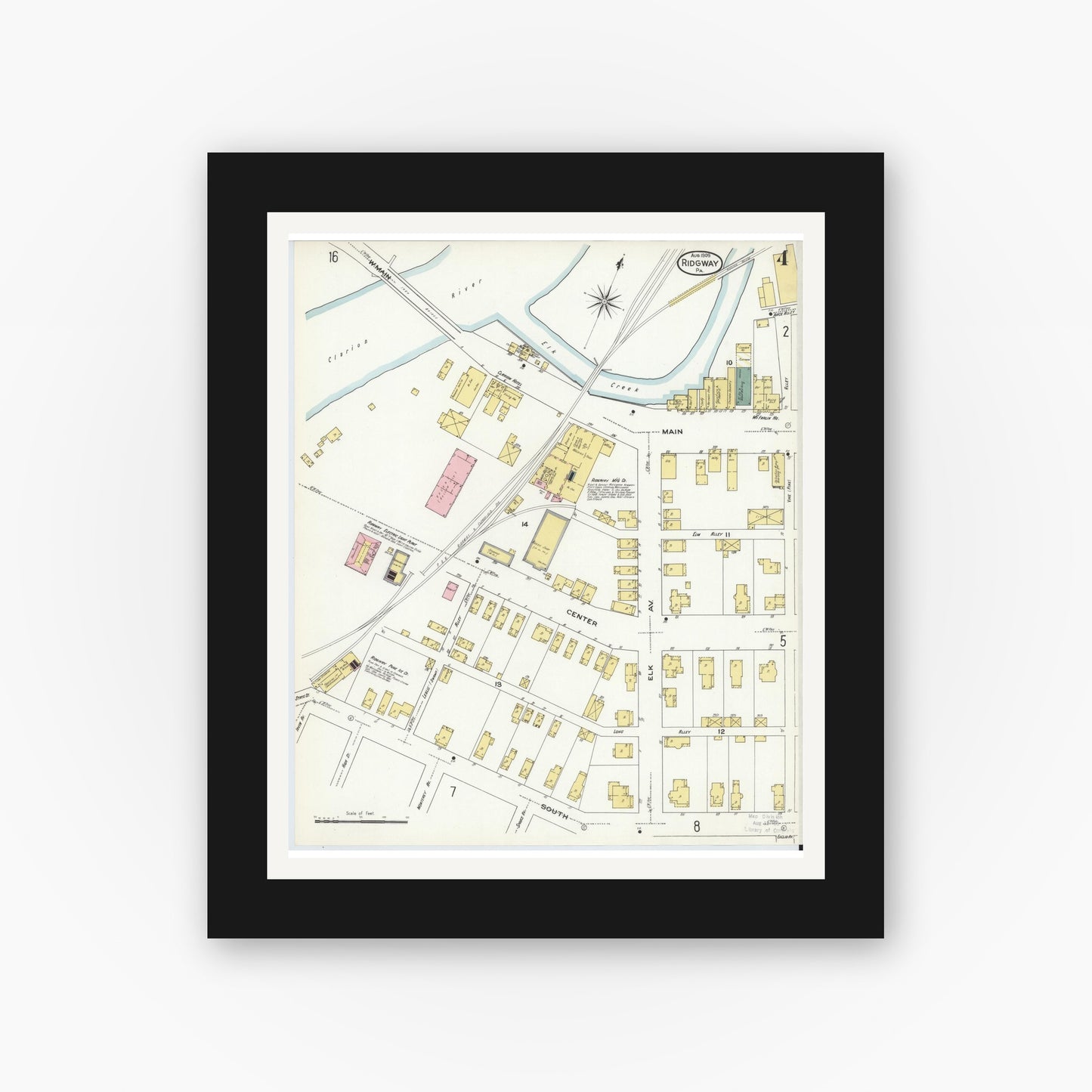 Old map wall art mockup — black gallery frame with white mat — Sanborn Fire Insurance Map from Ridgway, Elk County, Pennsylvania (1909), Sheet #0004