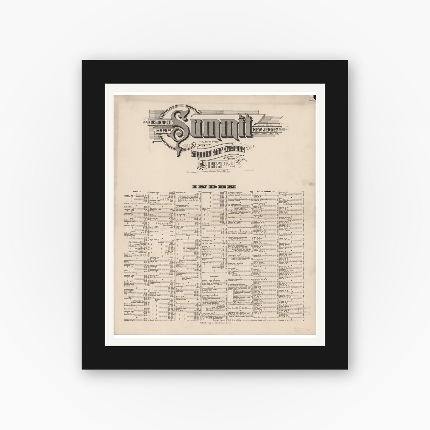 Old map wall art mockup — black gallery frame with white mat — Sanborn Fire Insurance Map from Summit, Union County, New Jersey (1921), Sheet #0001