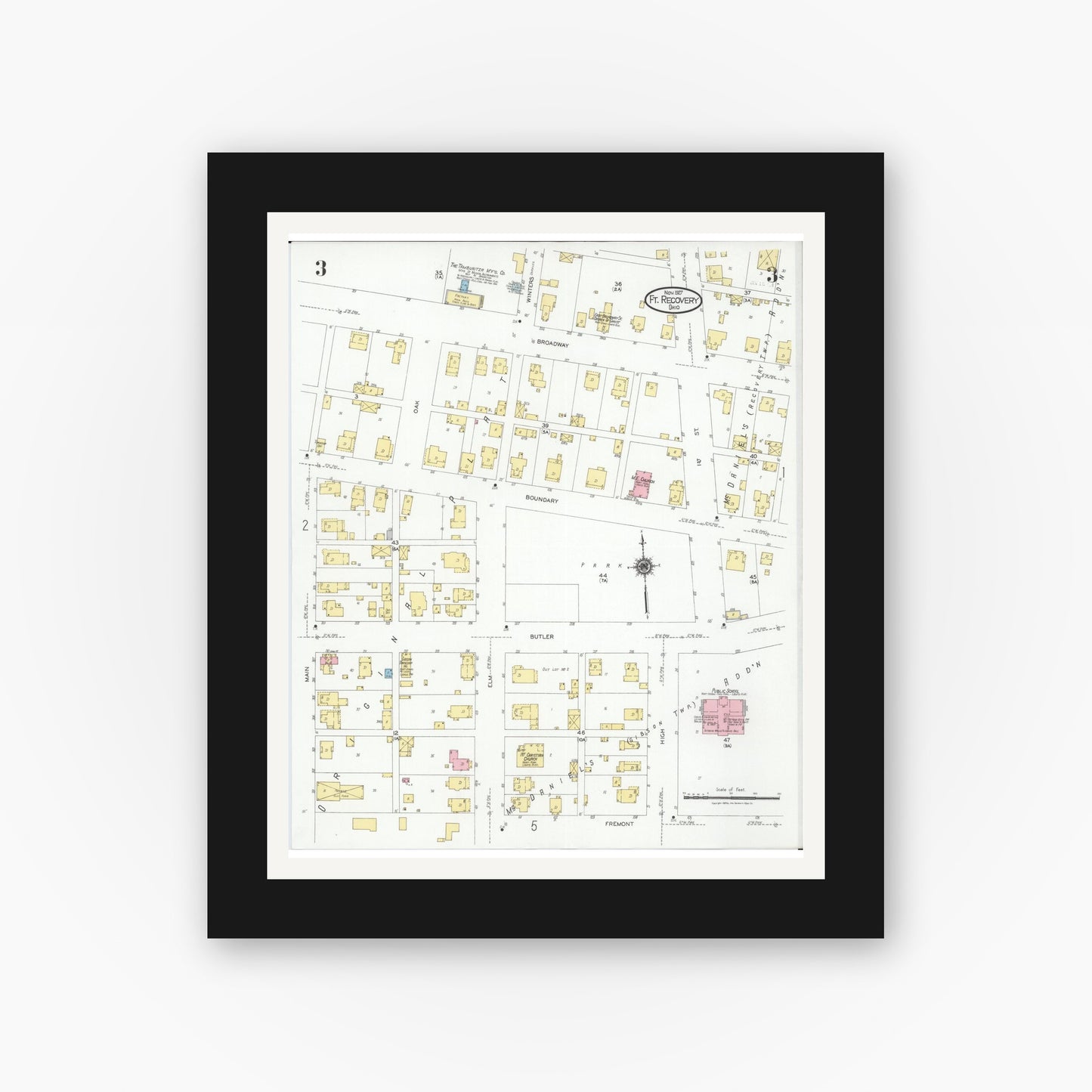 Old map wall art mockup — black gallery frame with white mat — Sanborn Fire Insurance Map from Fort Recovery, Mercer County, Ohio (1927), Sheet #0003
