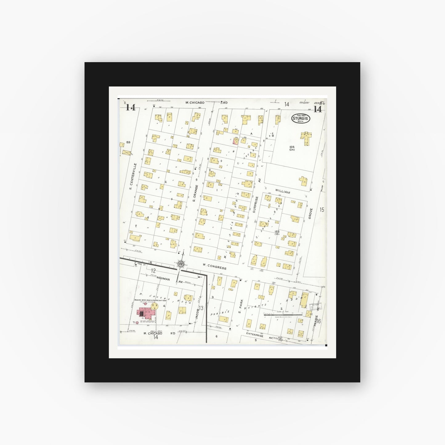Old map wall art mockup — black gallery frame with white mat — Sanborn Fire Insurance Map from Sturgis, Saint Joseph County, Michigan (1923), Sheet #0014