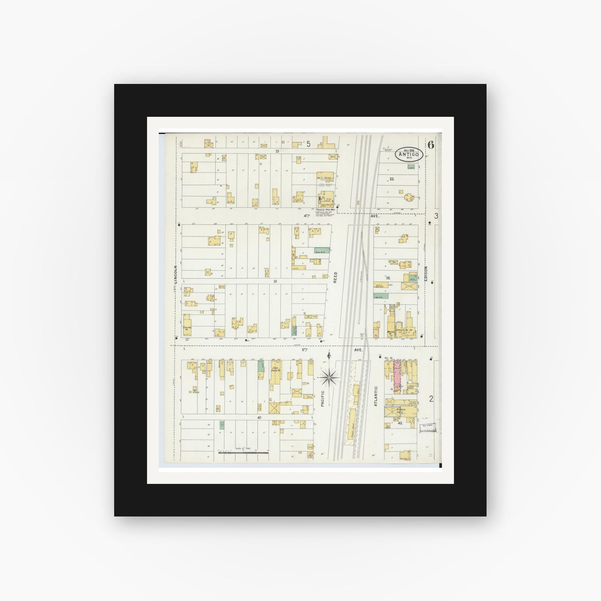 Old map wall art mockup — black gallery frame with white mat — Sanborn Fire Insurance Map from Antigo, Langlade County, Wisconsin (1898), Sheet #0006