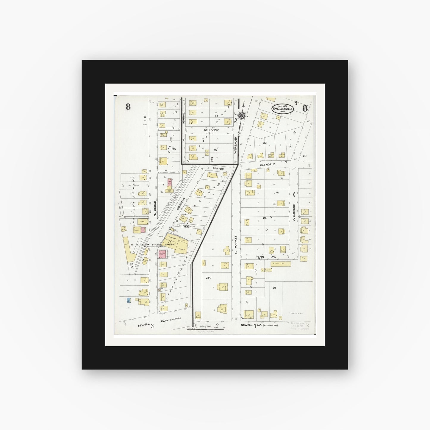 Old map wall art mockup — black gallery frame with white mat — Sanborn Fire Insurance Map from Saint Clairsville, Belmont County, Ohio (1924), Sheet #0008