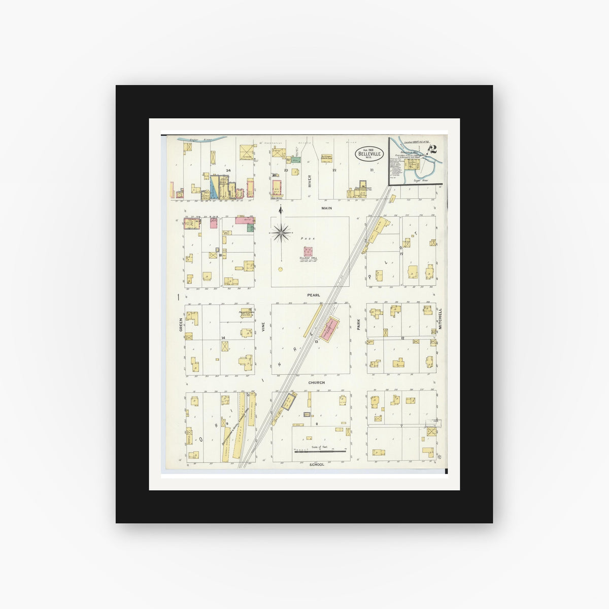 Old map wall art mockup — black gallery frame with white mat — Sanborn Fire Insurance Map from Belleville, Dane County, Wisconsin (1908), Sheet #0002