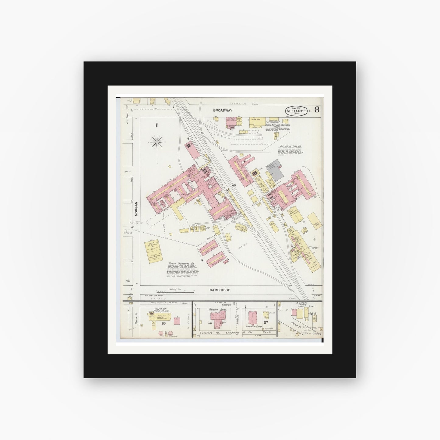 Old map wall art mockup — black gallery frame with white mat — Sanborn Fire Insurance Map from Alliance, Stark County, Ohio (1892), Sheet #0008