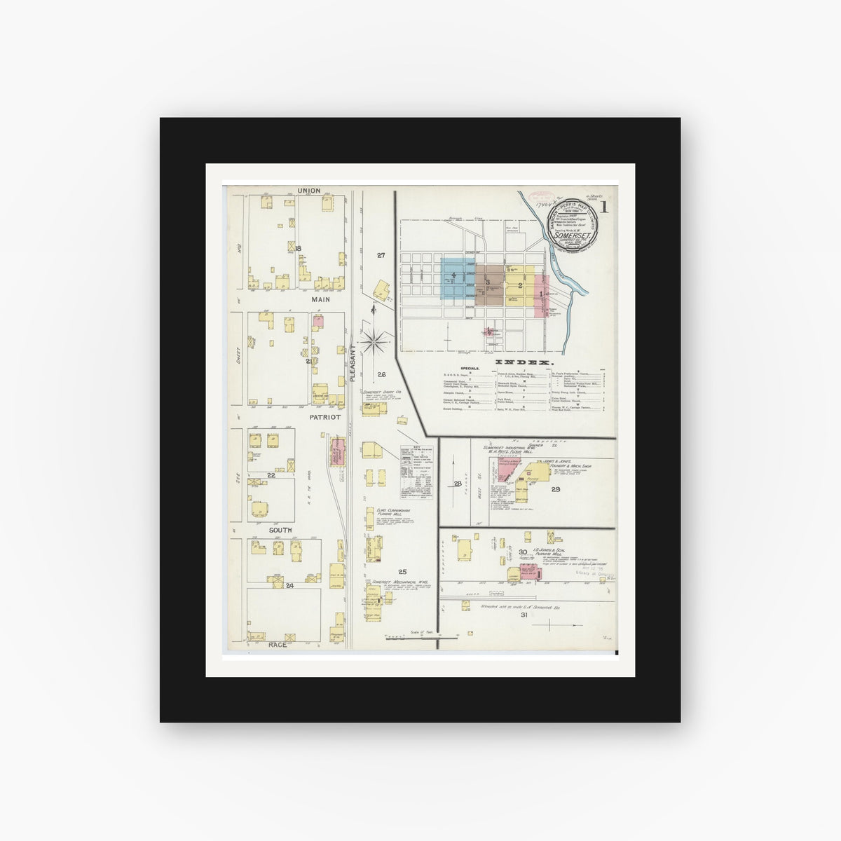 Old map wall art mockup — black gallery frame with white mat — Sanborn Fire Insurance Map from Somerset, Somerset County, Pennsylvania (1892) - Complete Map Set