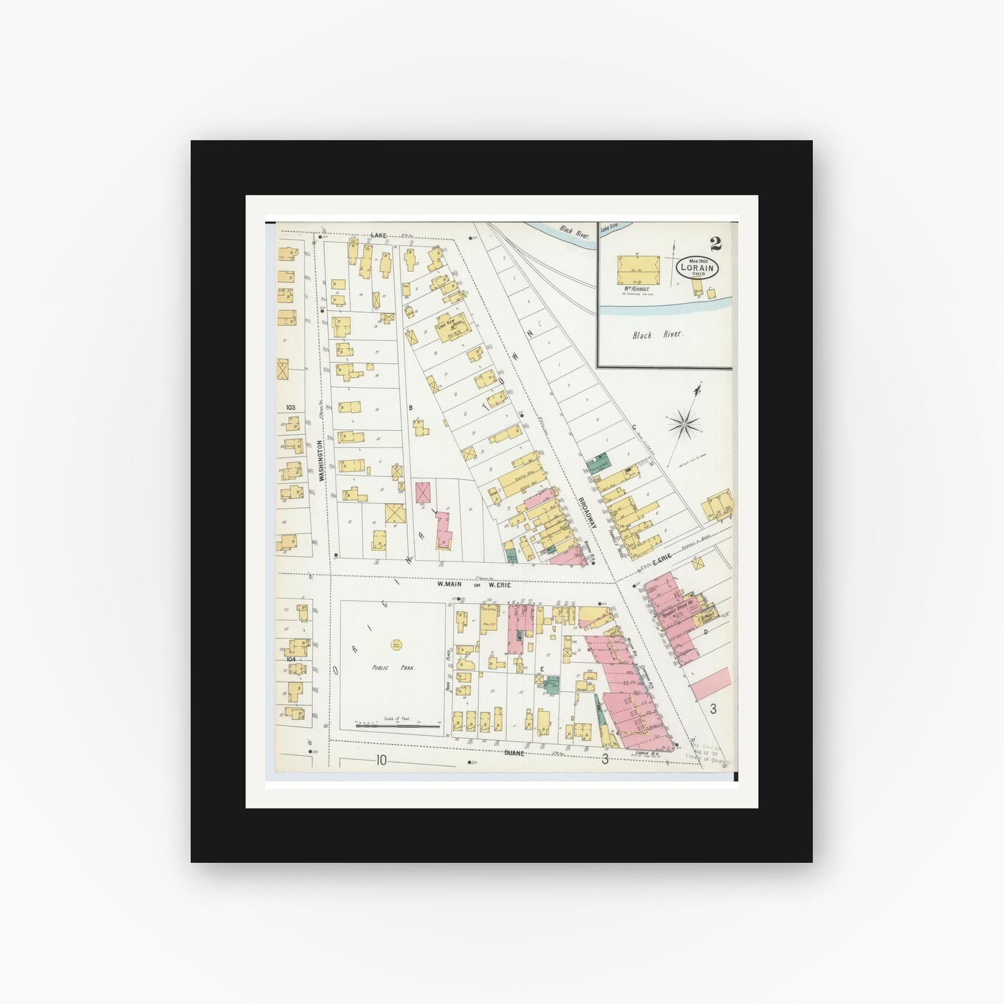 Old map wall art mockup — black gallery frame with white mat — Sanborn Fire Insurance Map from Lorain, Lorain County, Ohio (1900), Sheet #0002