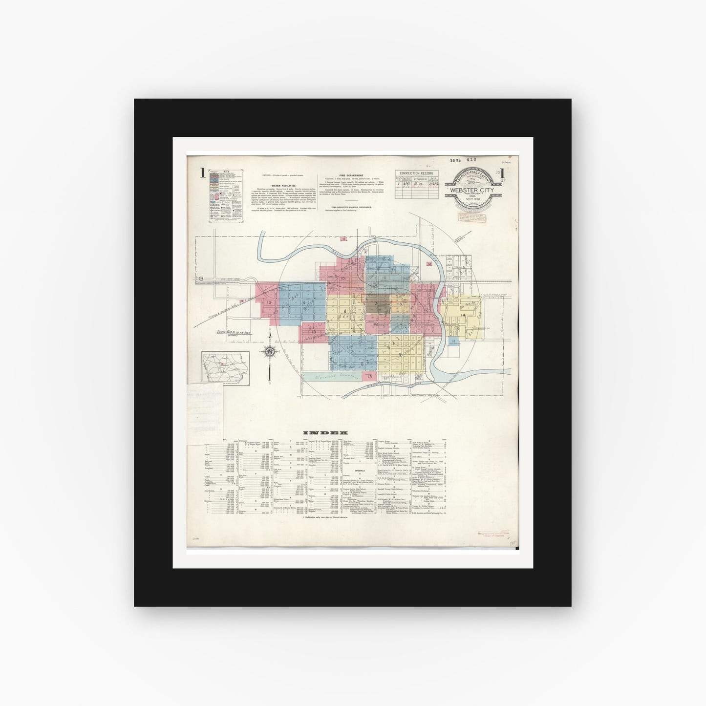 Old map wall art mockup — black gallery frame with white mat — Sanborn Fire Insurance Map from Webster City, Hamilton County, Iowa (1950), Sheet #0001