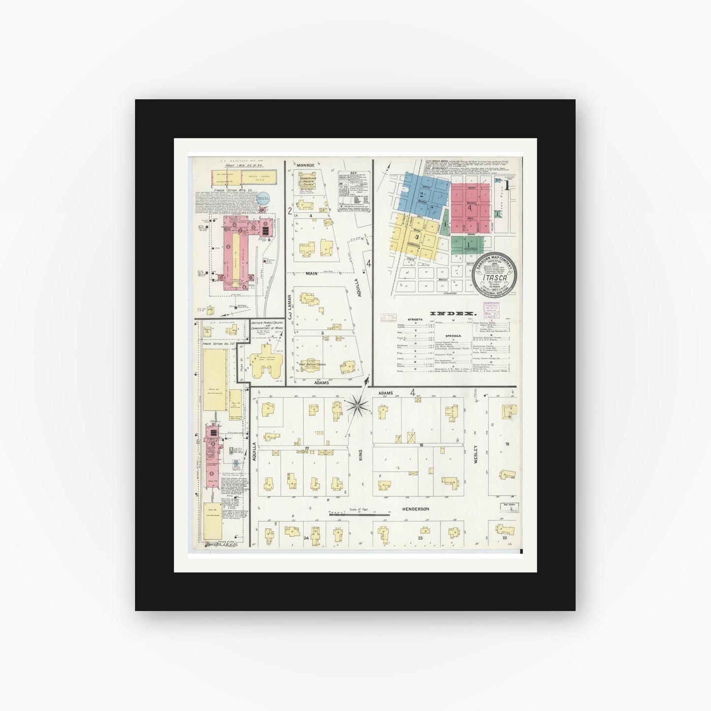 Old map wall art mockup — black gallery frame with white mat — Sanborn Fire Insurance Map from Itasca, Hill County, Texas (1907), Sheet #0001
