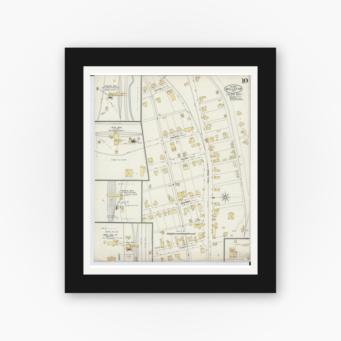 Old map wall art mockup — black gallery frame with white mat — Sanborn Fire Insurance Map from Wellston, Jackson County, Ohio (1897), Sheet #0010