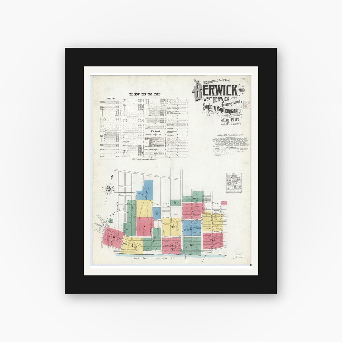 Old map wall art mockup — black gallery frame with white mat — Sanborn Fire Insurance Map from Berwick, Columbia County, Pennsylvania (1907), Sheet #0001