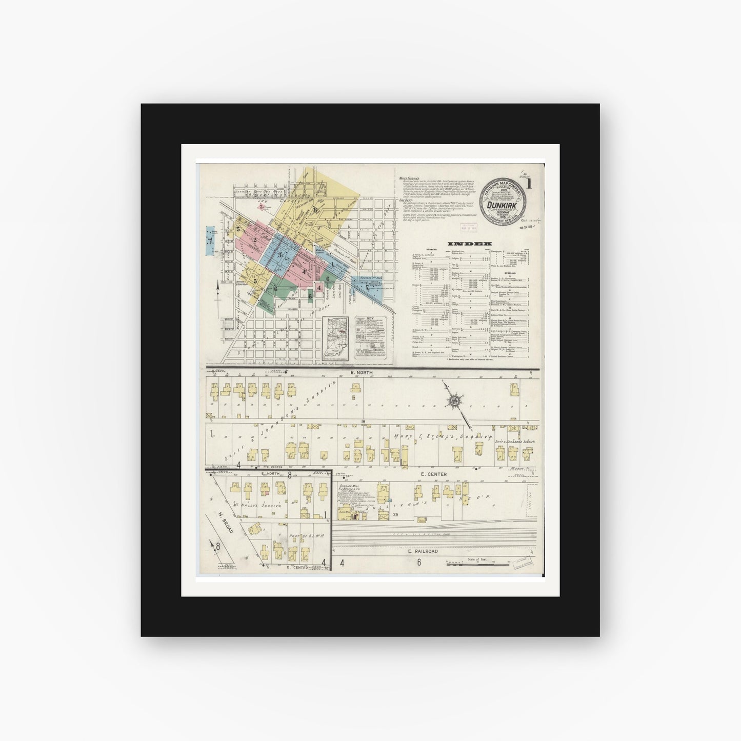 Old map wall art mockup — black gallery frame with white mat — Sanborn Fire Insurance Map from Dunkirk, Jay And Blackford Counties, Indiana (1915) - Complete Map Set