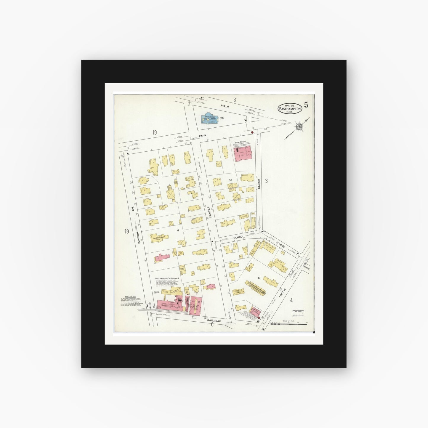 Old map wall art mockup — black gallery frame with white mat — Sanborn Fire Insurance Map from East Hampton, Hampshire County, Massachusetts (1916), Sheet #0005