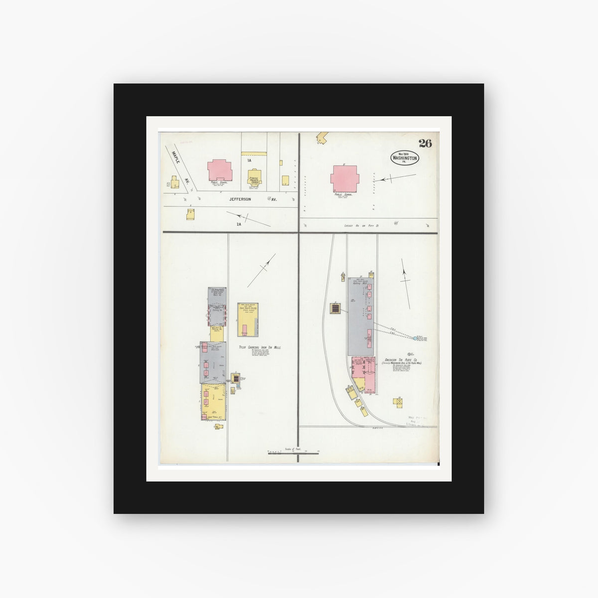 Old map wall art mockup — black gallery frame with white mat — Sanborn Fire Insurance Map from Washington, Washington County, Pennsylvania (1900), Sheet #0026