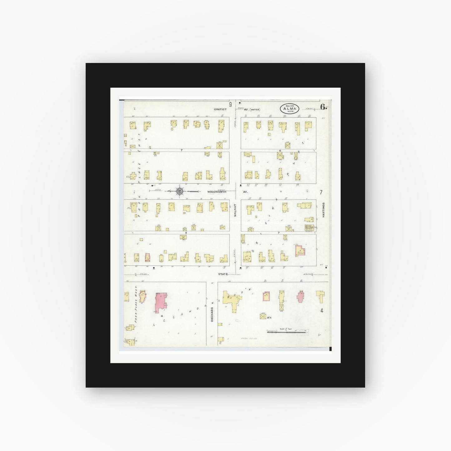 Old map wall art mockup — black gallery frame with white mat — Sanborn Fire Insurance Map from Alma, Gratiot County, Michigan (1910), Sheet #0006