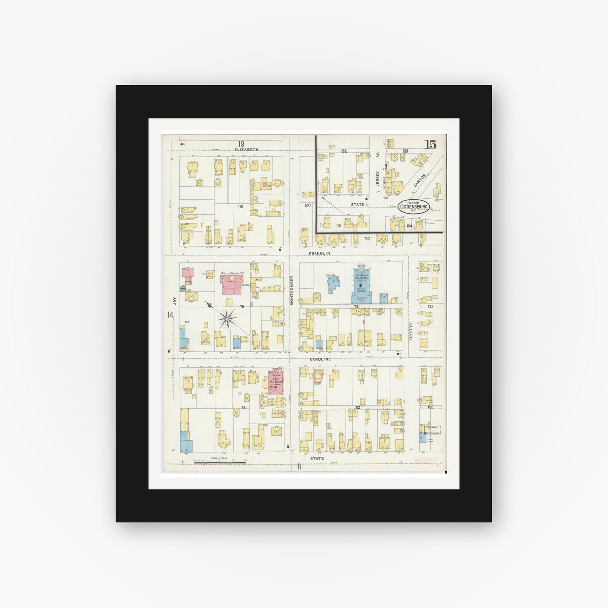 Old map wall art mockup — black gallery frame with white mat — Sanborn Fire Insurance Map from Ogdensburg, St. Lawrence County, New York (1898), Sheet #0015