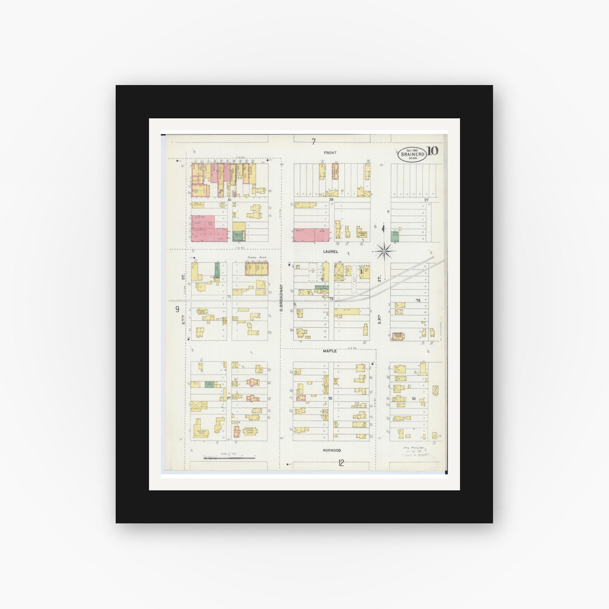 Old map wall art mockup — black gallery frame with white mat — Sanborn Fire Insurance Map from Brainerd, Crow Wing County, Minnesota (1902), Sheet #0010