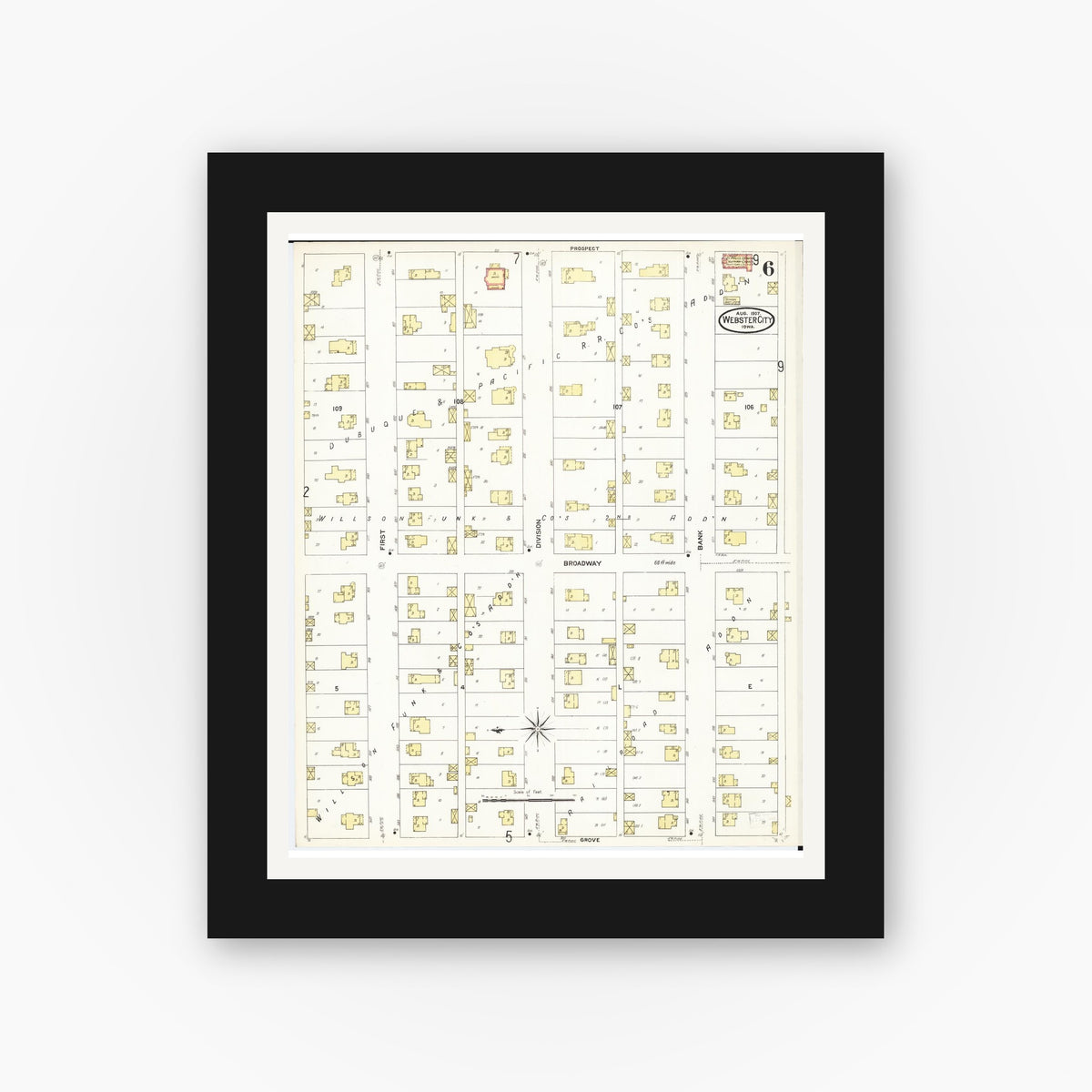 Old map wall art mockup — black gallery frame with white mat — Sanborn Fire Insurance Map from Webster City, Hamilton County, Iowa (1907), Sheet #0006