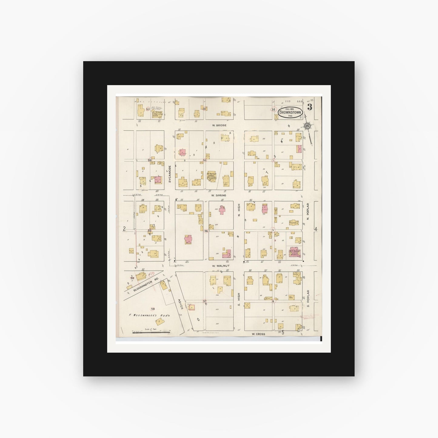 Old map wall art mockup — black gallery frame with white mat — Sanborn Fire Insurance Map from Brownstown, Jackson County, Indiana (1933), Sheet #0003