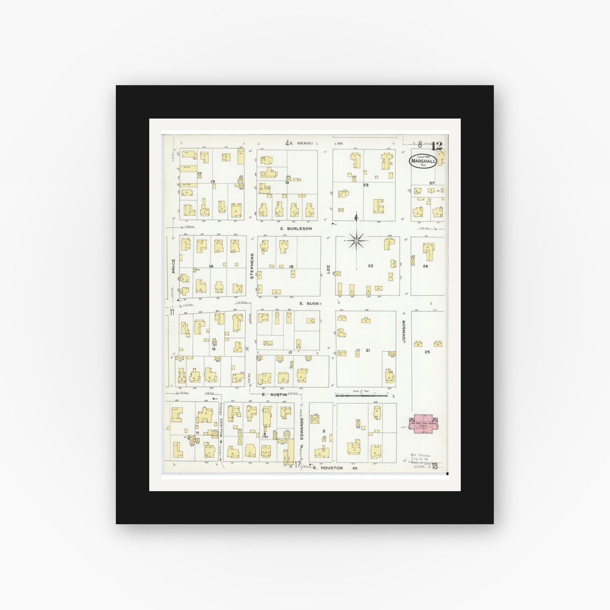 Old map wall art mockup — black gallery frame with white mat — Sanborn Fire Insurance Map from Marshall, Harrison County, Texas (1909), Sheet #0012