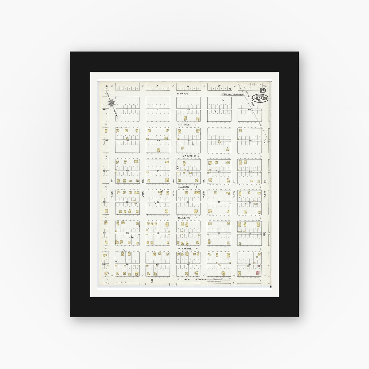 Old map wall art mockup — black gallery frame with white mat — Sanborn Fire Insurance Map from Childress, Childress County, Texas (1921), Sheet #0019