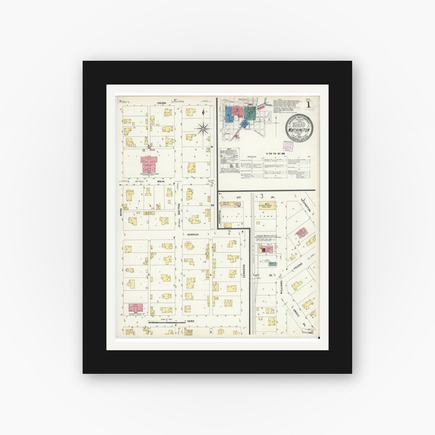 Old map wall art mockup — black gallery frame with white mat — Sanborn Fire Insurance Map from Worthington, Greene County, Indiana (1907) - Complete Map Set