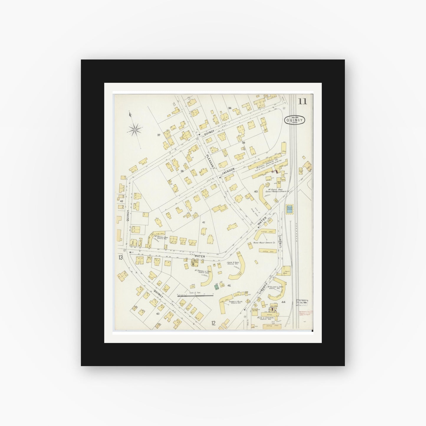 Old map wall art mockup — black gallery frame with white mat — Sanborn Fire Insurance Map from Quincy, Norfolk County, Massachusetts (1896), Sheet #0011