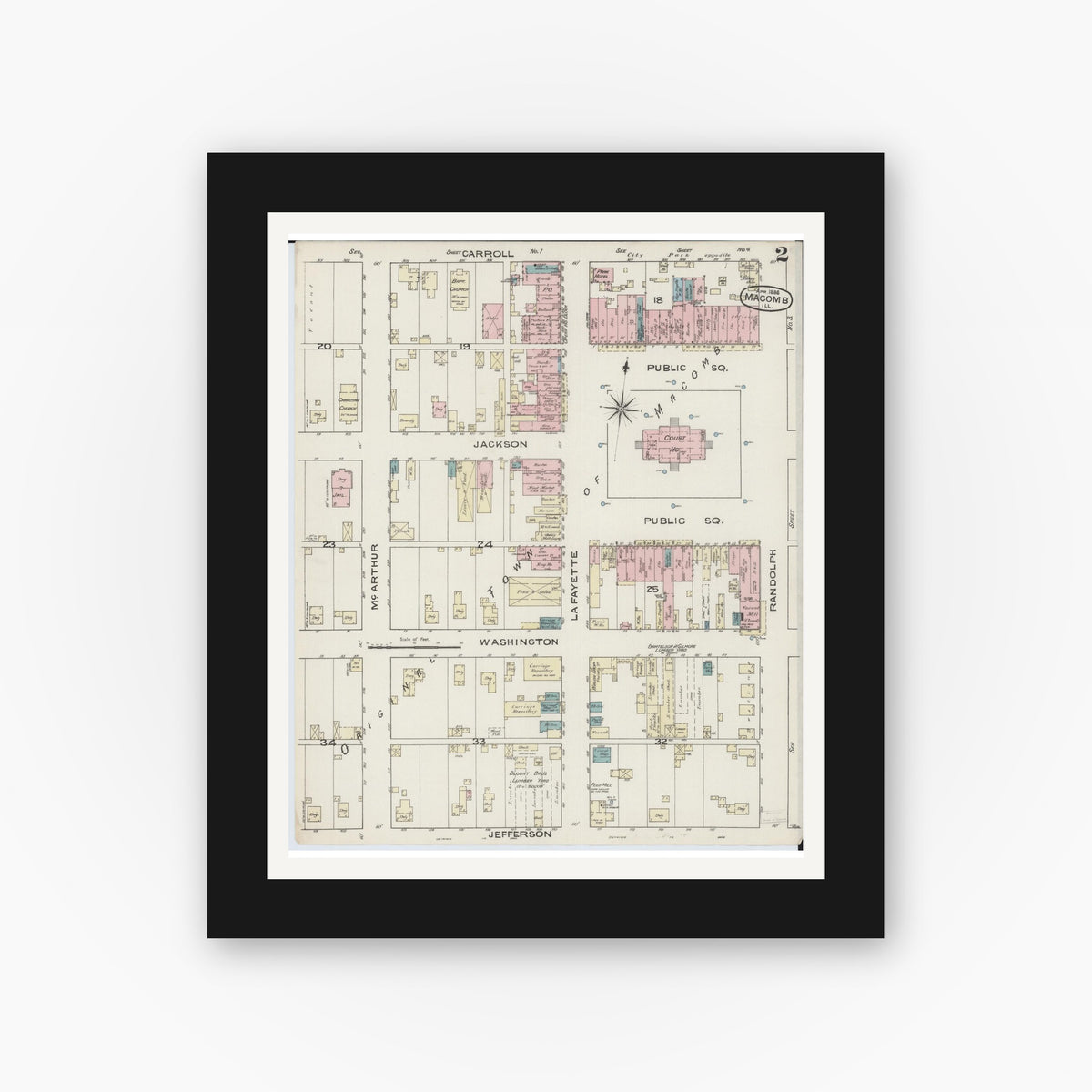 Old map wall art mockup — black gallery frame with white mat — Sanborn Fire Insurance Map from Macomb, Mcdonough County, Illinois (1886), Sheet #0002