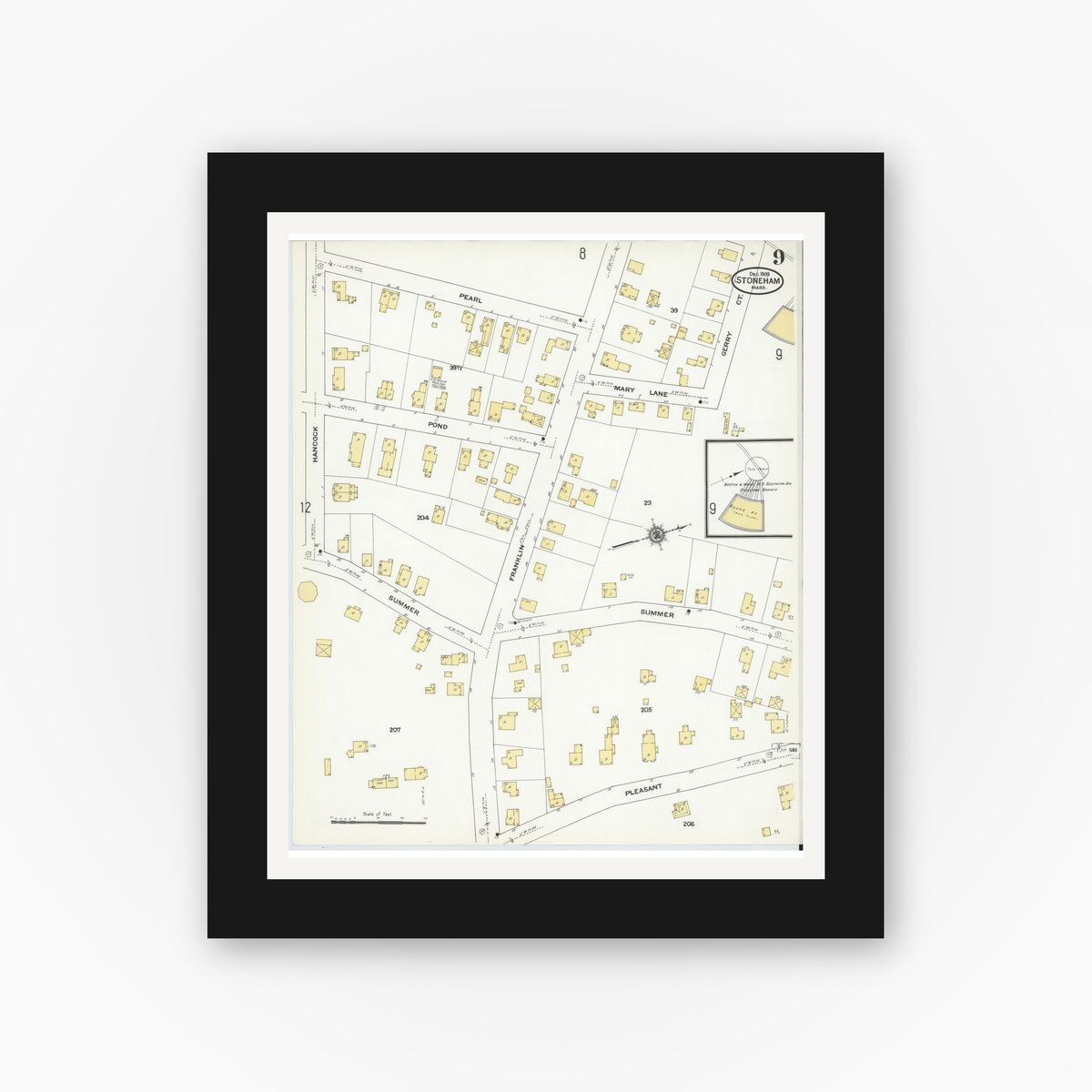 Old map wall art mockup — black gallery frame with white mat — Sanborn Fire Insurance Map from Stoneham, Middlesex County, Massachusetts (1909), Sheet #0009