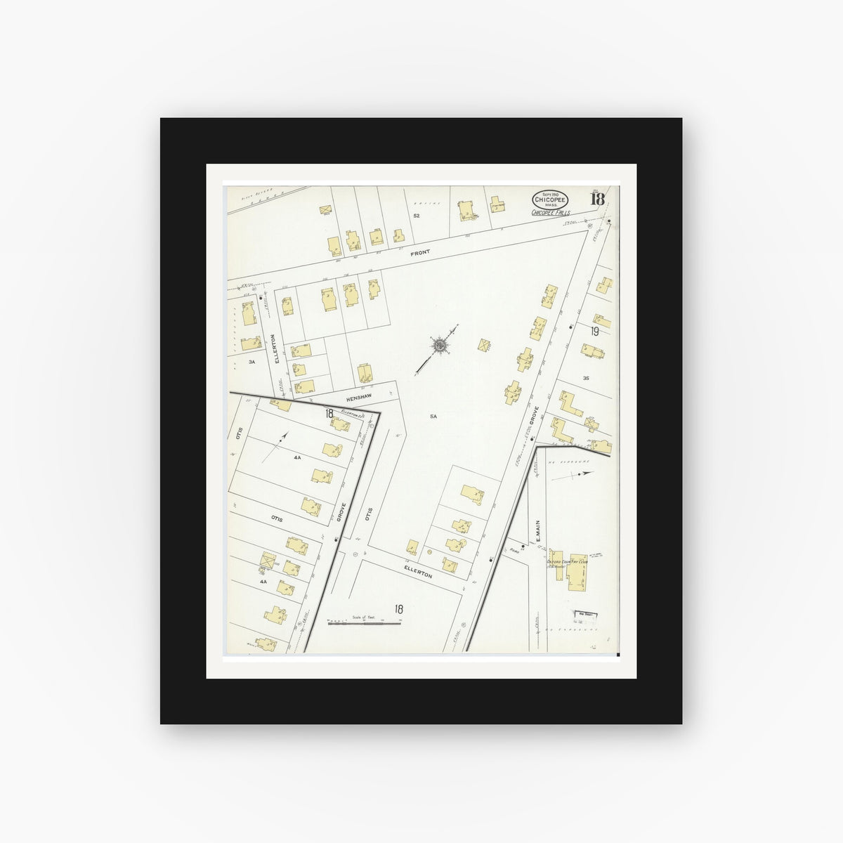 Old map wall art mockup — black gallery frame with white mat — Sanborn Fire Insurance Map from Chicopee, Hampden County, Massachusetts (1910), Sheet #0018