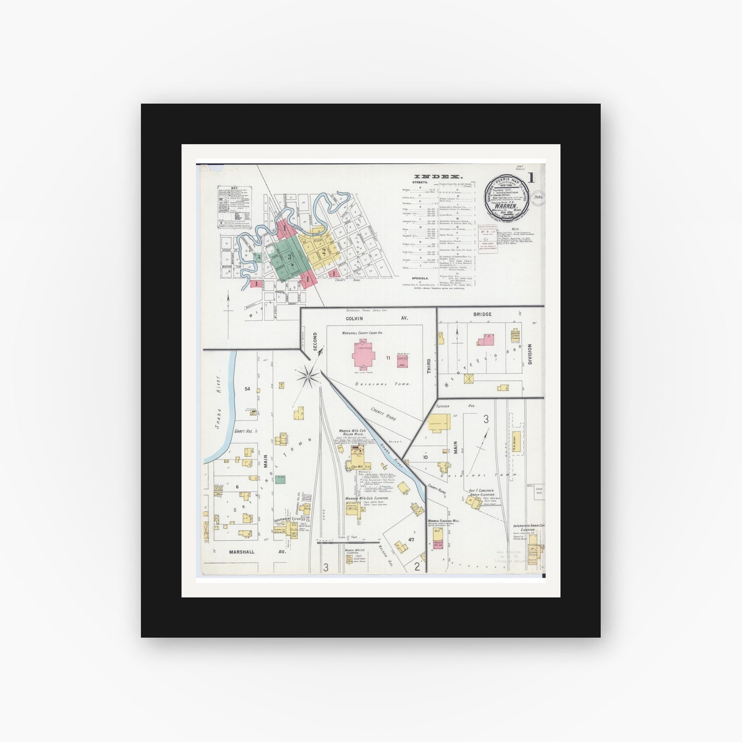 Old map wall art mockup — black gallery frame with white mat — Sanborn Fire Insurance Map from Warren, Marshall County, Minnesota (1899), Sheet #0001