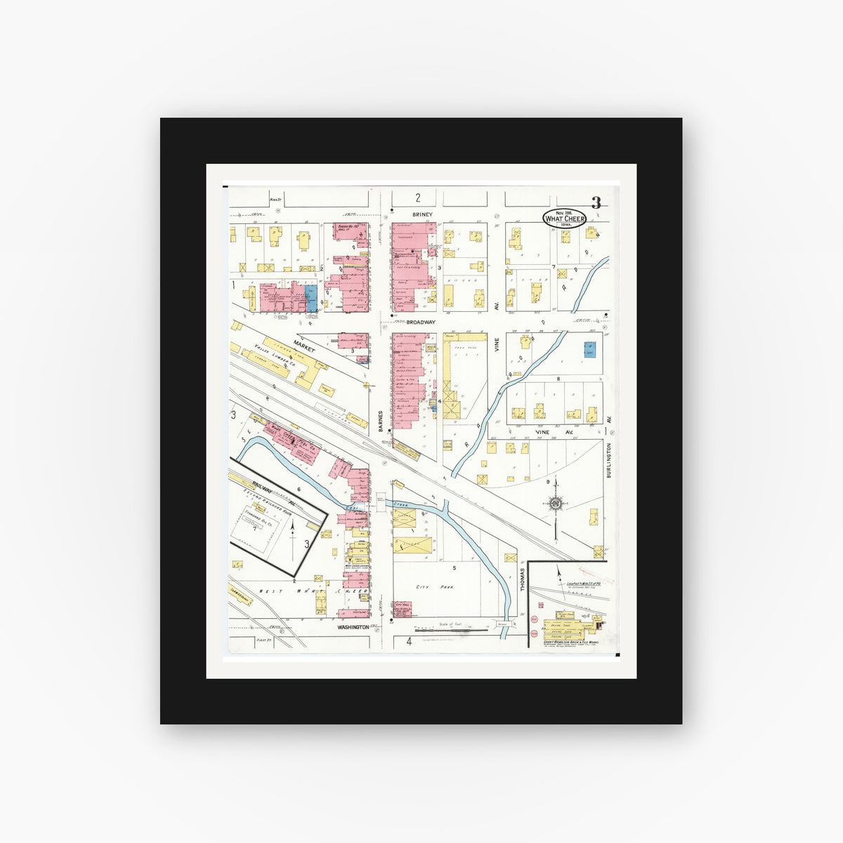 Old map wall art mockup — black gallery frame with white mat — Sanborn Fire Insurance Map from What Cheer, Keokuk County, Iowa (1916), Sheet #0003