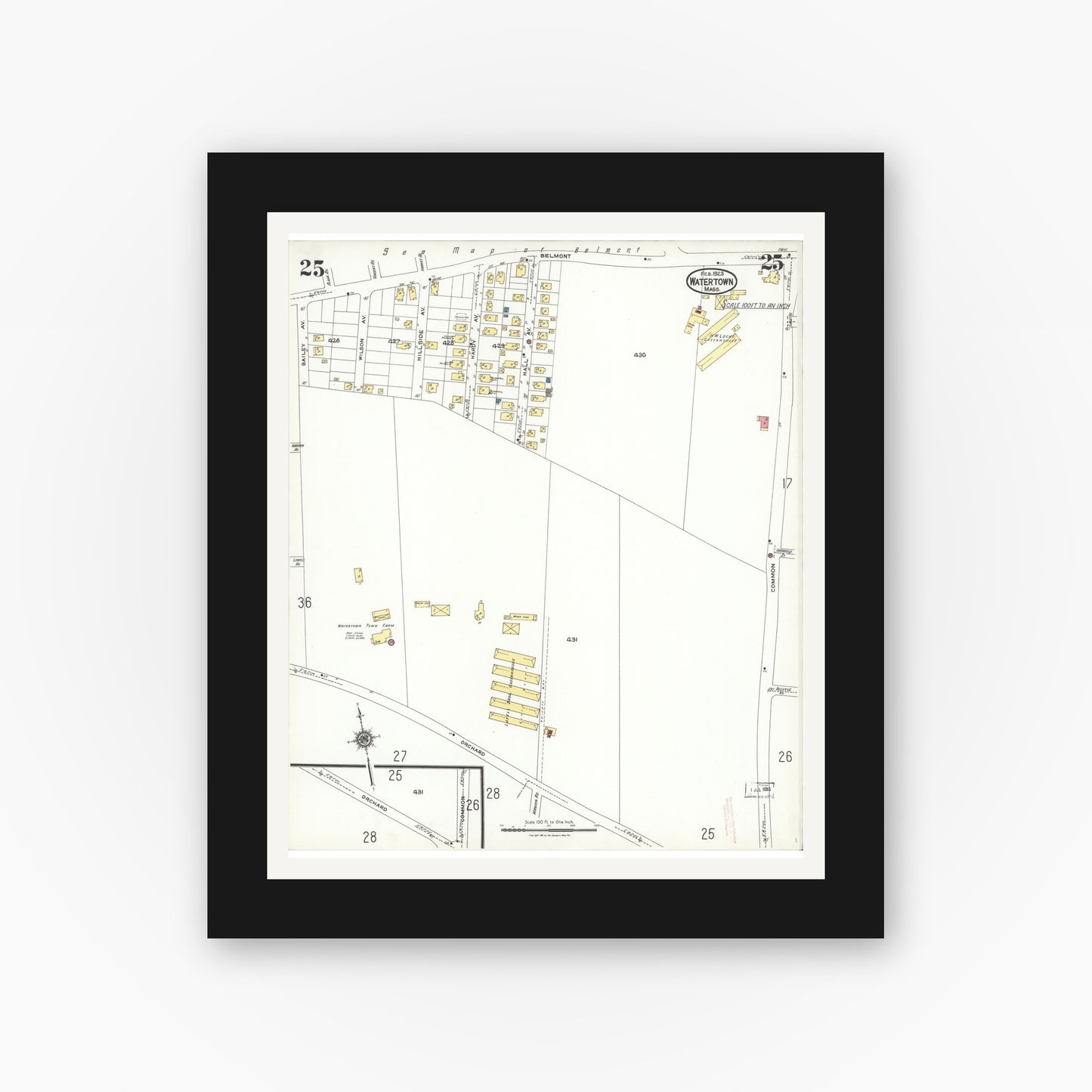 Old map wall art mockup — black gallery frame with white mat — Sanborn Fire Insurance Map from Watertown, Middlesex County, Massachusetts (1923), Sheet #0025