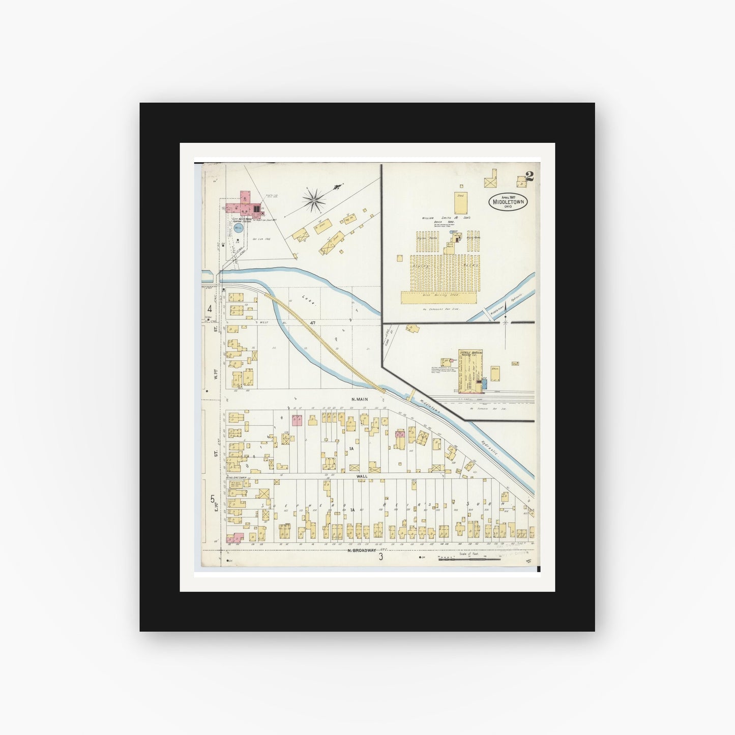 Old map wall art mockup — black gallery frame with white mat — Sanborn Fire Insurance Map from Middletown, Butler County, Ohio (1907), Sheet #0002