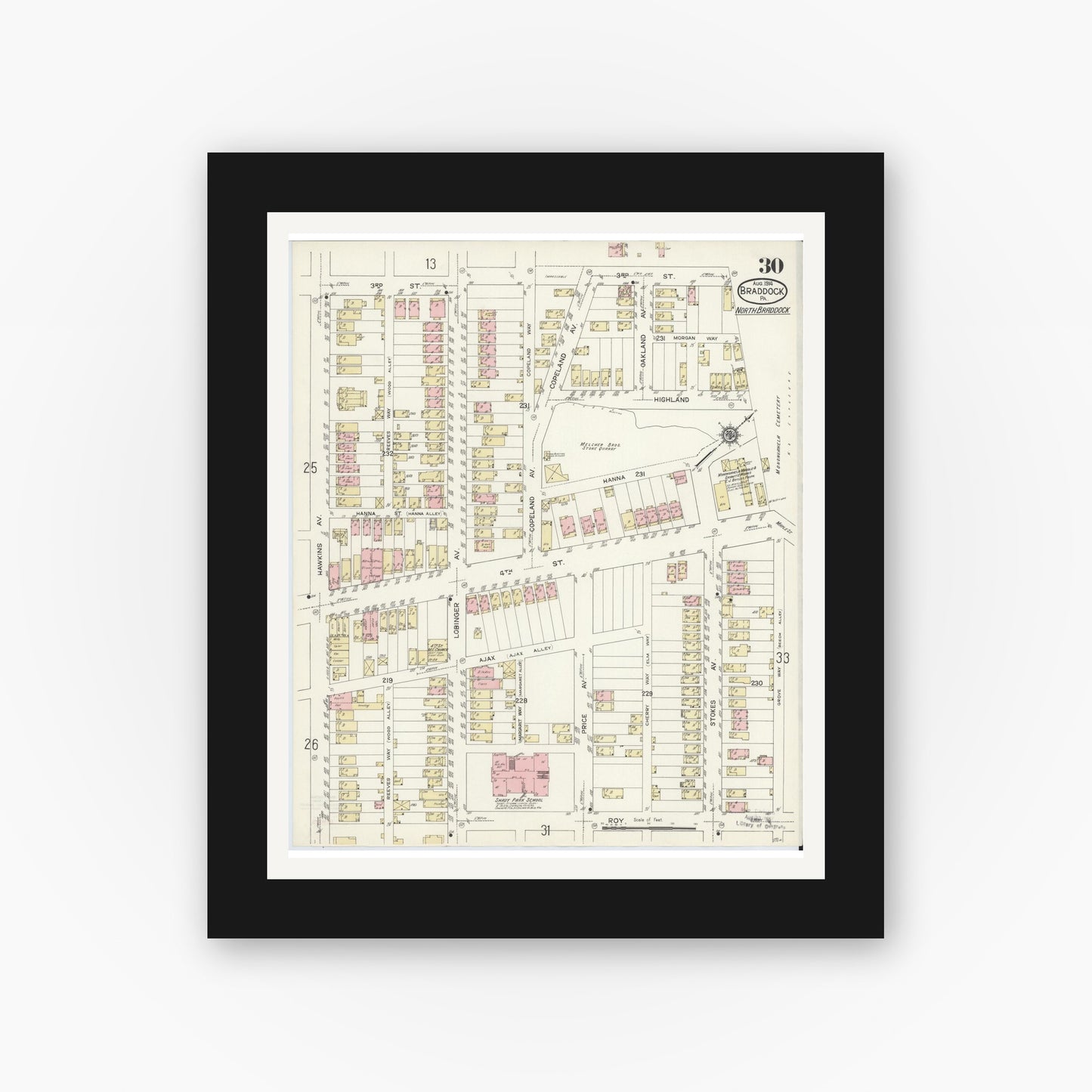 Old map wall art mockup — black gallery frame with white mat — Sanborn Fire Insurance Map from Braddock, Allegheny County, Pennsylvania (1914), Sheet #0030