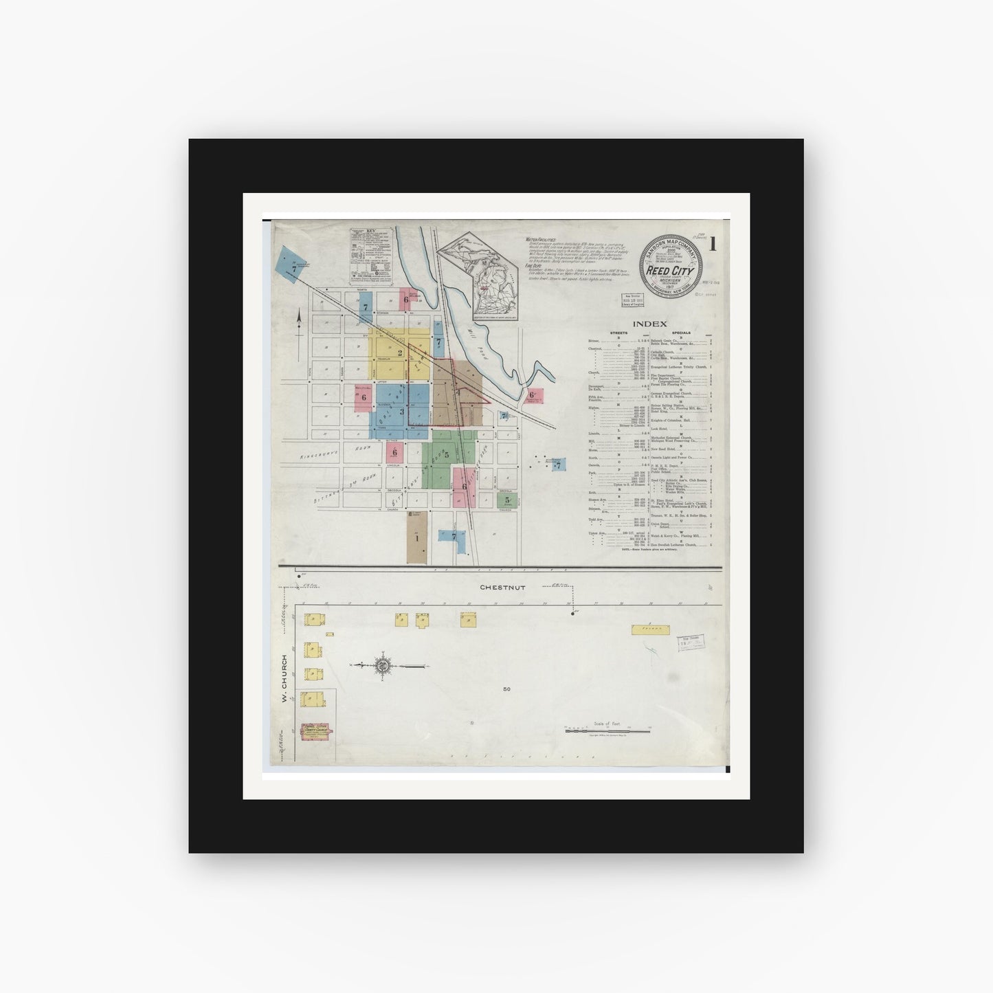 Old map wall art mockup — black gallery frame with white mat — Sanborn Fire Insurance Map from Reed City, Osceola County, Michigan (1917) - Complete Map Set