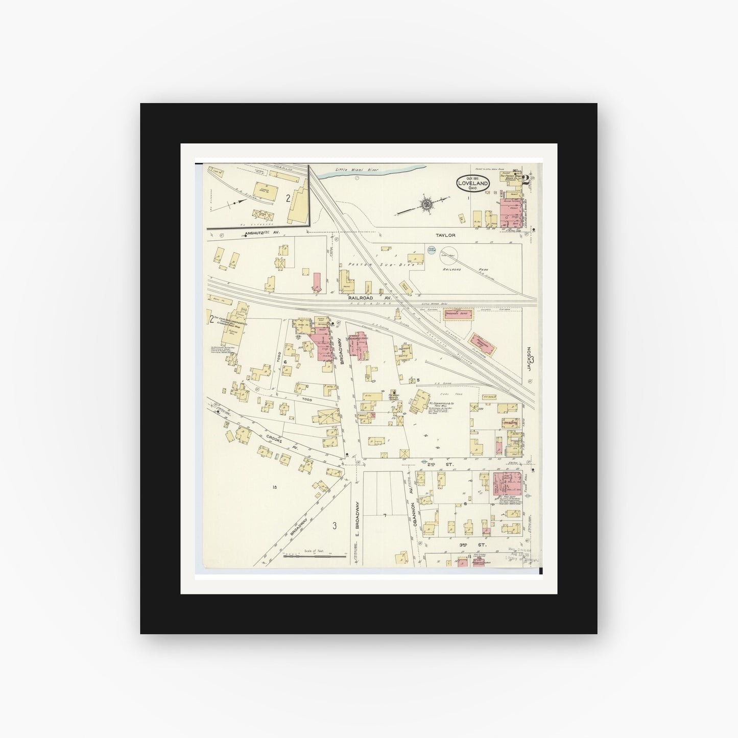 Old map wall art mockup — black gallery frame with white mat — Sanborn Fire Insurance Map from Loveland, Clermont, Hamilton, And Warren County, Ohio (1911), Sheet #0002