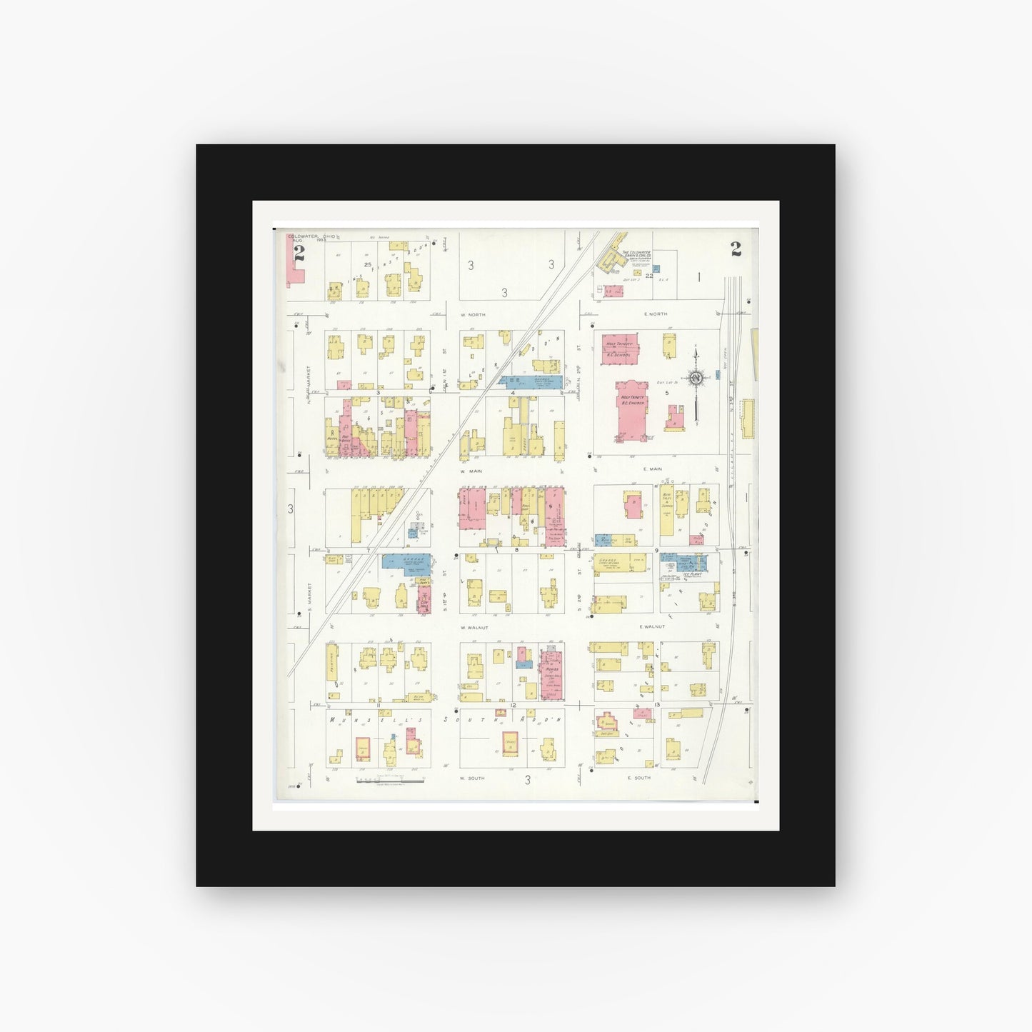 Old map wall art mockup — black gallery frame with white mat — Sanborn Fire Insurance Map from Cold Water, Mercer County, Ohio (1933), Sheet #0002
