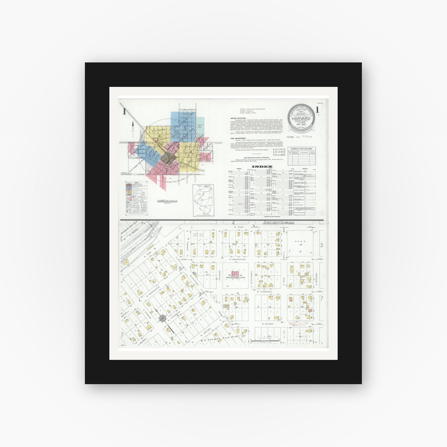 Old map wall art mockup — black gallery frame with white mat — Sanborn Fire Insurance Map from Harvard, McHenry County, Illinois (1934), Sheet #0001
