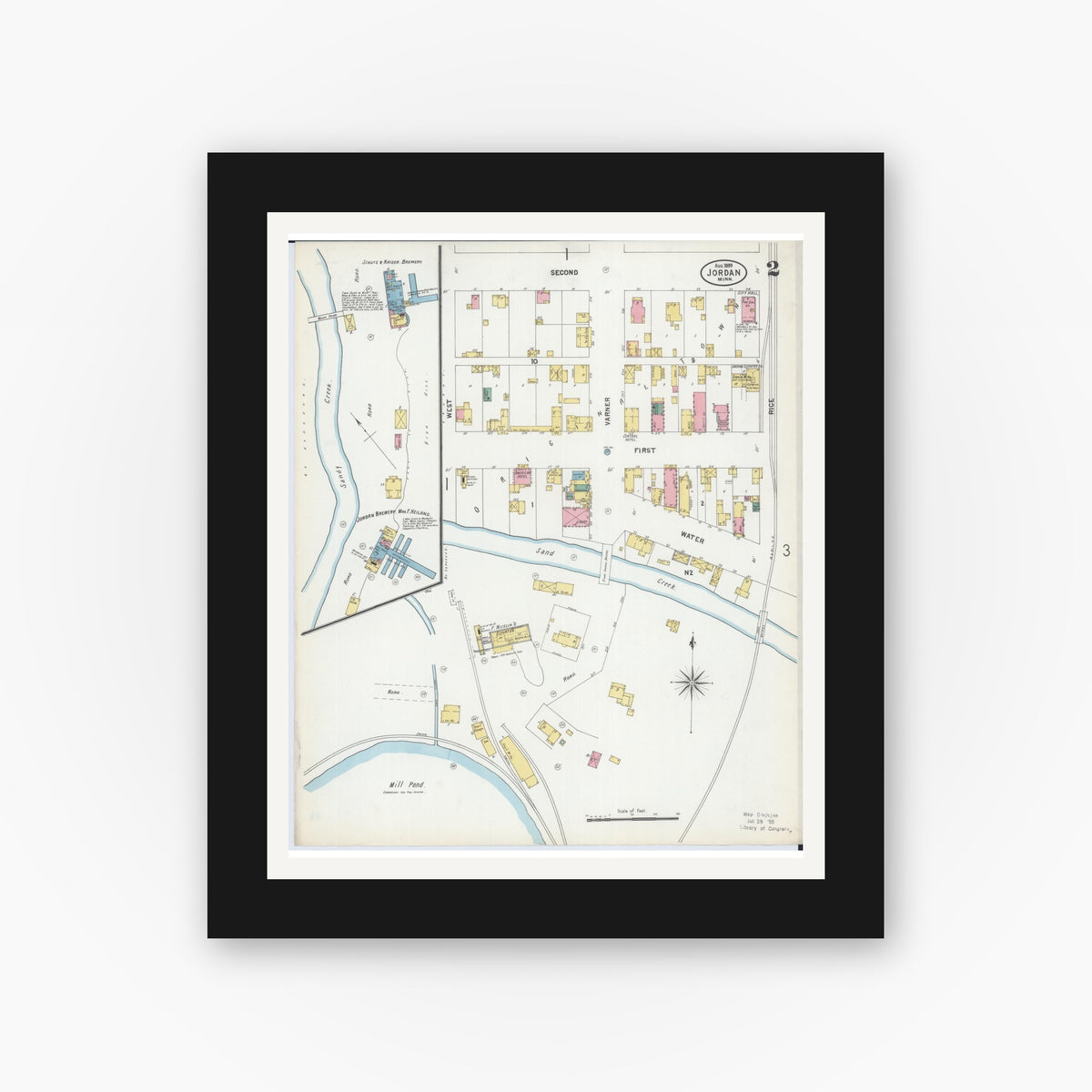Old map wall art mockup — black gallery frame with white mat — Sanborn Fire Insurance Map from Jordan, Scott County, Minnesota (1899), Sheet #0002